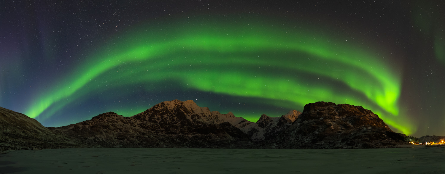 Northern Lights Panorama at Lofoten Islands in Norway