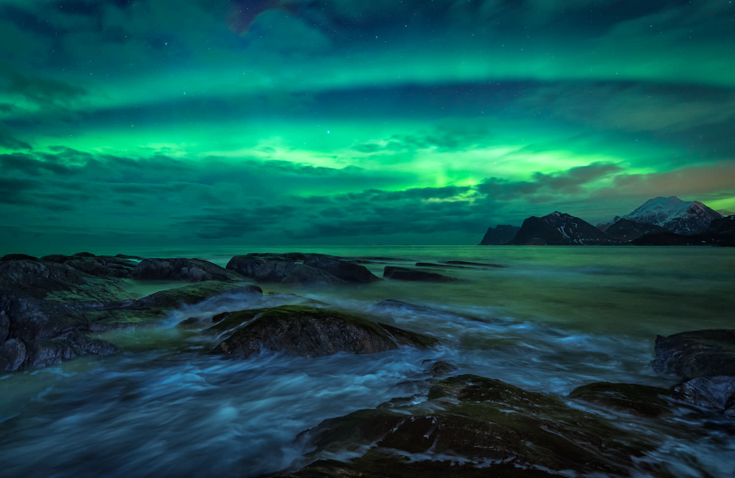 Aurora Borealis (Northern Lights) over the rough sea of Lofoten Islands in Norway - Landscape Photography